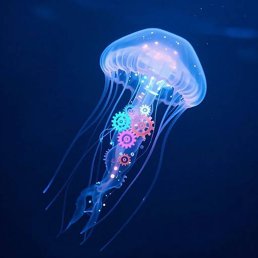 Glowing blue jellyfish with neon gears and colorful lights on its bell and tentacles, floating in a dark blue ocean. Digital art.
