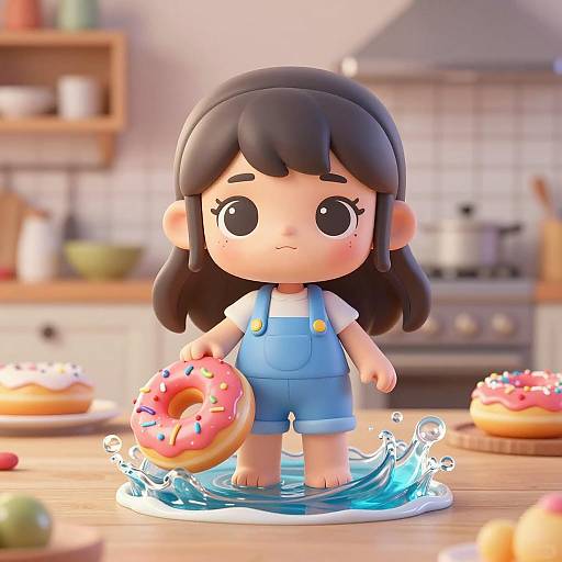 3D Cute Girl Holding Donut in Kitchen