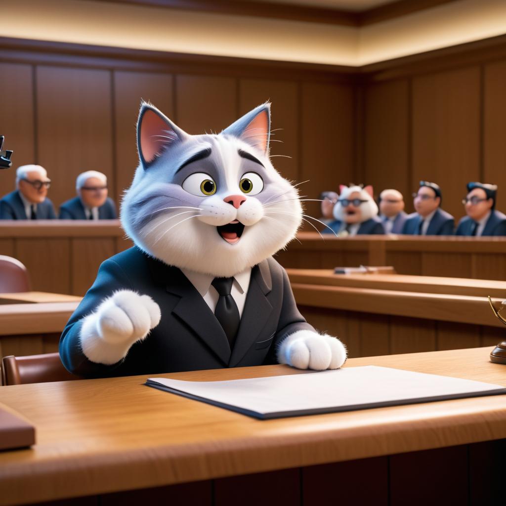 Animated Courtroom Scene with Talking Cat