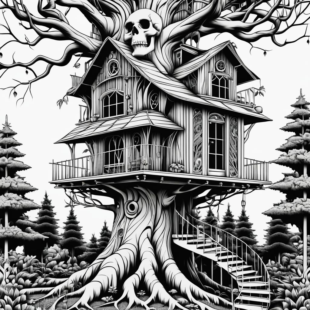 Detailed Skull Treehouse Library Illustration