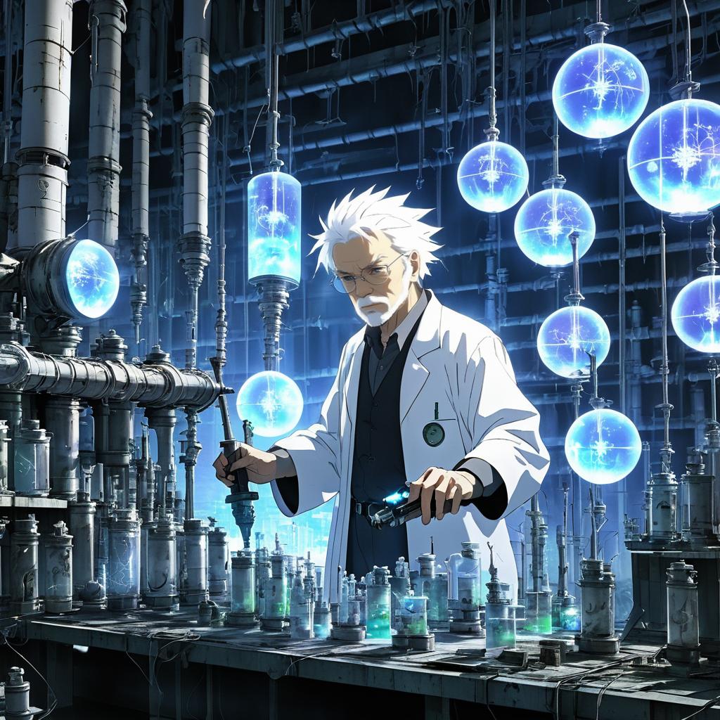 Elderly Scientist in a Ruined Laboratory