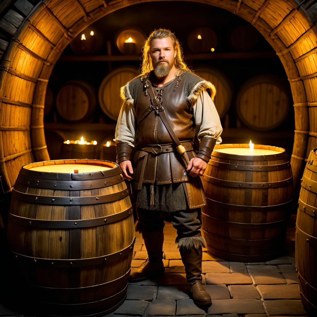 Viking Warrior Inside Mead Barrel Scene