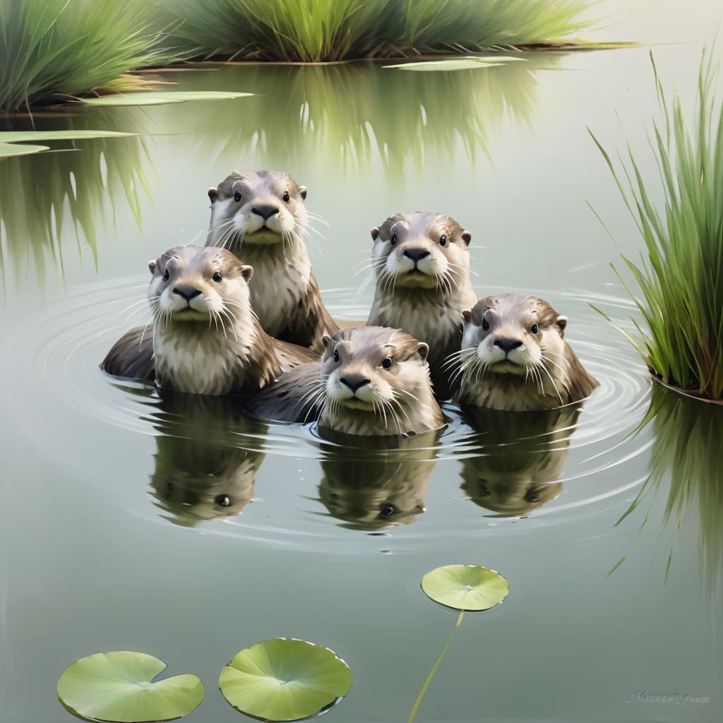 Majestic Otters Play in a Serene Pond