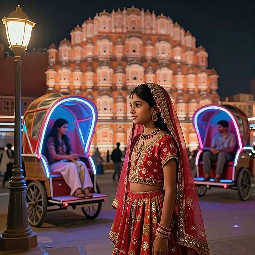Photograph of a young Indian woman in a red and gold traditional outfit, standing in front of illuminated Hawa Mahal at night, with colorful r