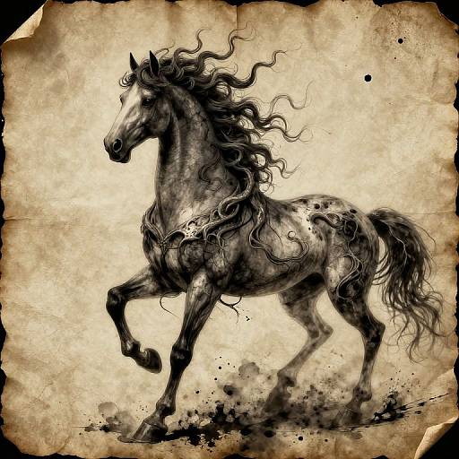 Digital ink drawing of a galloping, wild black horse with flowing mane and tail on aged, textured parchment background.