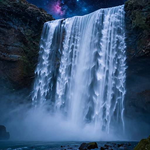 Photograph of a luminous, cascading waterfall at night, glowing blue-white against dark rocky cliffs, with a starry, cosmic sky above.