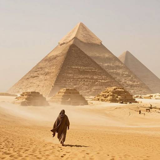 Photograph of a lone figure in a dark cloak walking toward two towering, sunlit pyramids in a sandy desert landscape.