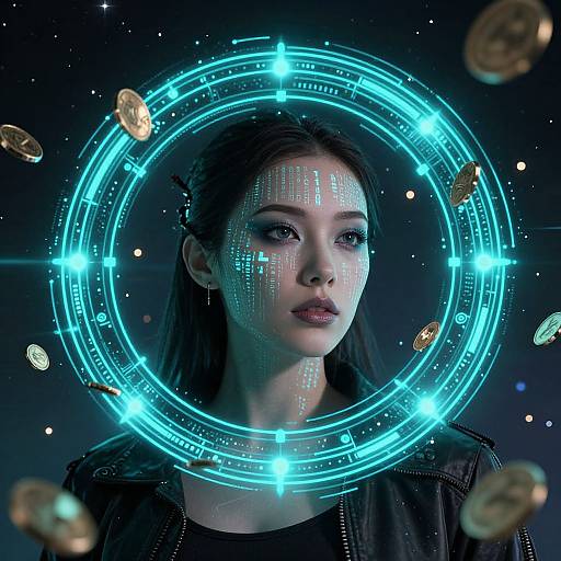 Digital art of a young Asian woman with glowing blue cybernetic circle around her head, coins floating, dark space background.
