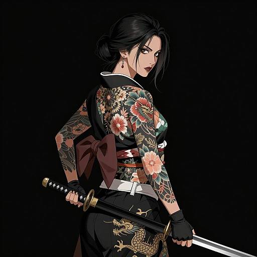 Tattooed Asian Warrior in Floral Kimono