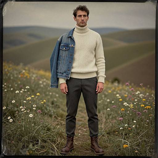 Photograph of a serious man in a white turtleneck, black pants, brown boots, denim jacket over shoulder, standing in a flower-filled me