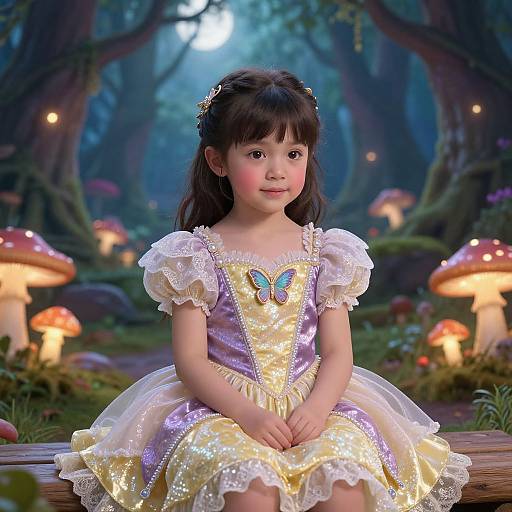 Photograph of a young Asian girl with dark hair in a lavender and yellow sparkly fairy dress, sitting on a log in a magical forest with glowing