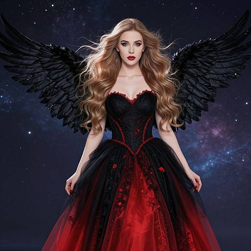 Digital art of a fair-skinned, long-haired woman with black wings and red-black gothic dress, standing against a starry night sky.