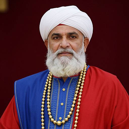 Photograph of an elderly South Asian man with a white beard, wearing a white turban, red and blue traditional attire, and gold bead necklaces