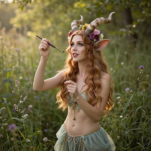 Photograph of a fair-skinned, red-haired woman with long wavy hair, elf ears, and curly horns, wearing a floral crown, green