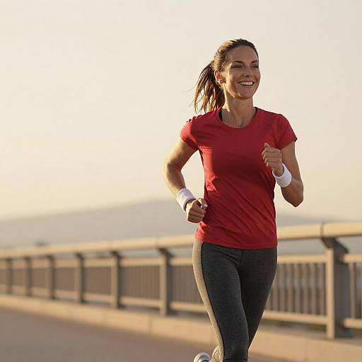 Smiling Woman Jogging on Bridge at Sunset