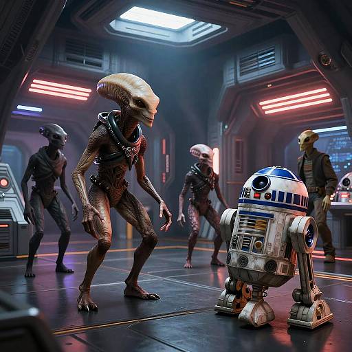 Photorealistic CGI: In a futuristic spaceship, a humanoid alien with a dome head confronts R2-D2, while two other aliens and a