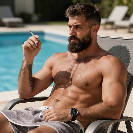 Shirtless Bearded Tattooed Man Poolside