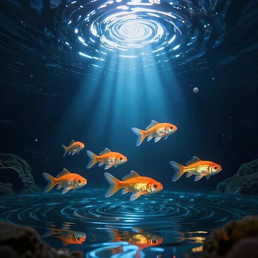 Photograph of five vibrant orange goldfish swimming in a dark blue underwater scene, illuminated by bright, circular sunlight from above.