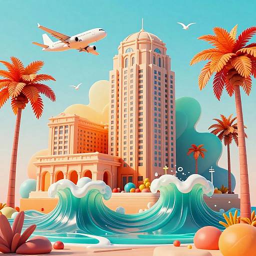 Digital illustration of a sunny tropical cityscape with palm trees, a tall beige building, large ocean waves, colorful balloons, an airplane overhead, and clear
