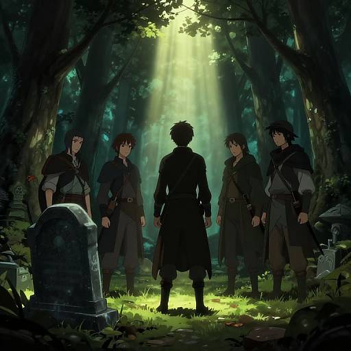 Digital anime-style artwork of four dark-haired men in long coats facing a silhouette in a moonlit, sunbeam-dappled forest graveyard.