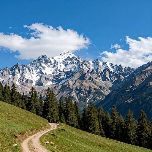 Photograph of a vibrant mountain landscape with a winding dirt path, green grassy slope, dark pine trees, snow-capped peaks, and a bright