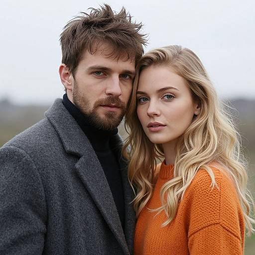 Photograph of a handsome bearded man with messy brown hair and a woman with wavy blonde hair in orange knit sweaters, standing close outdoors.