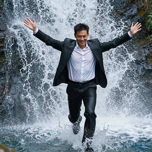 Determined Runner Amidst a Waterfall