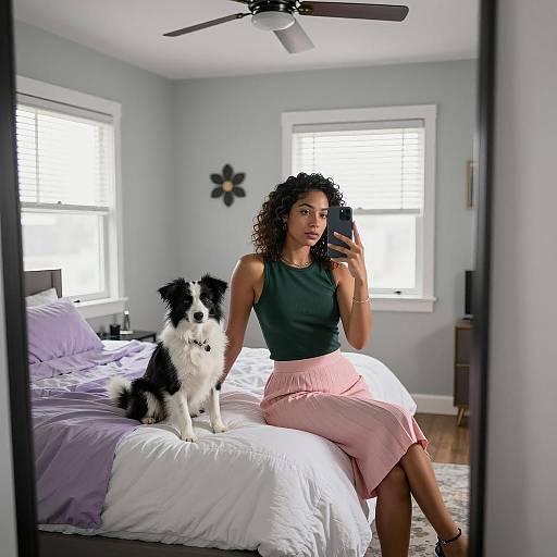 Woman Taking Mirror Selfie with Dog on Bed