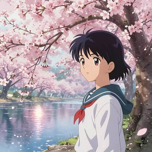 Anime-style drawing of a young girl with black hair, wearing a white sailor uniform with red neckerchief, standing by a cherry blossom tree by a