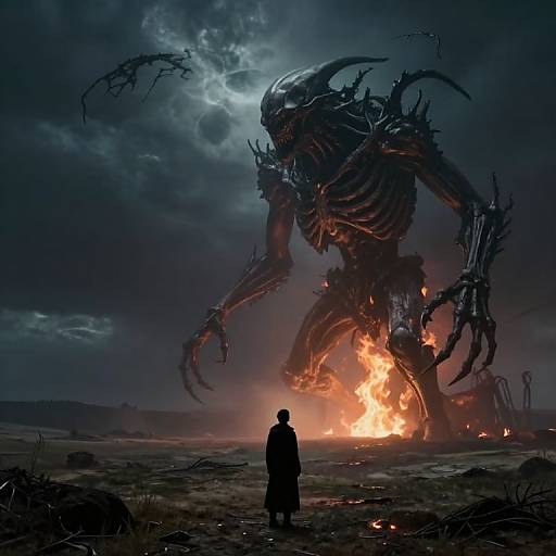Digital artwork: Silhouetted figure in trench coat faces massive, fiery, biomechanical monster with glowing eyes and sharp claws under a dark,