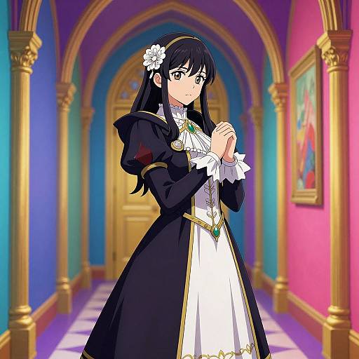 Anime-style drawing of a black-haired girl in a white and black gothic dress with a flower in her hair, standing in a colorful, arched