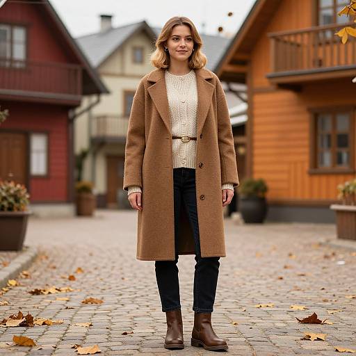Stylish Woman in Cozy Autumn Village