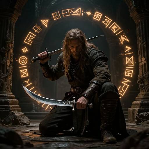 Dark fantasy photograph of a long-haired, bearded man with a knife, kneeling in a dimly-lit, ancient stone hallway, surrounded by glowing