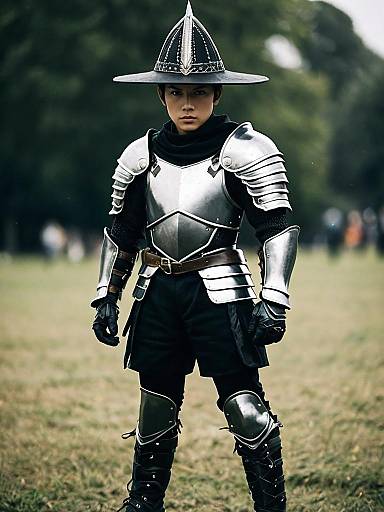 Young Man in Black Armor and Hat Outdoor