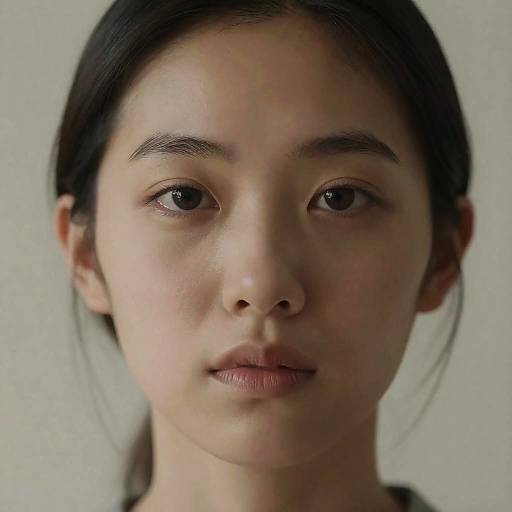 Photograph of a young Asian woman with fair skin, straight black hair, and neutral expression, set against a plain gray background.