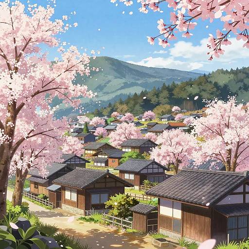 Digital anime-style painting of a traditional Japanese village with cherry blossom trees, wooden houses, and a mountainous background under a bright blue sky.