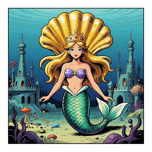 Colorful digital illustration of a blonde mermaid princess with a large golden fan-shaped hair, purple top, green scale tail, and crown, floating in