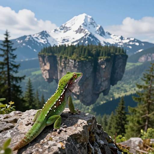 Photograph of a vivid green gecko perched on a rocky outcrop, with snow-capped mountains, a floating cliff, and a forested