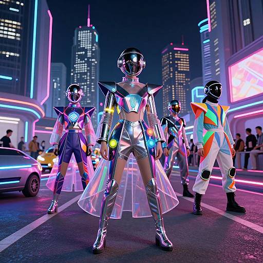 Photograph of futuristic neon-lit street performers in metallic and colorful costumes with reflective helmets, standing in a vibrant cityscape at night.