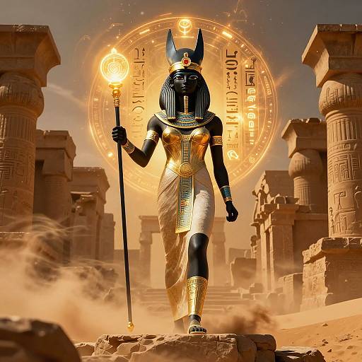 Digital artwork of an Anubis-like figure in golden and black armor, holding a torch, standing in an ancient Egyptian temple with a glowing, celestial