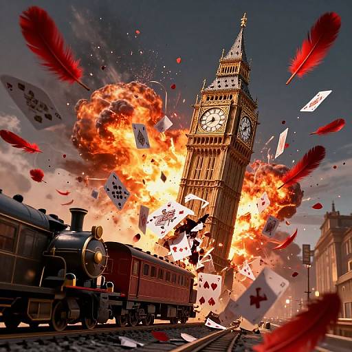 Dramatic CGI: Clock Tower explodes, engulfed in flames, with falling cards and red feathers, as a steam train rushes by.