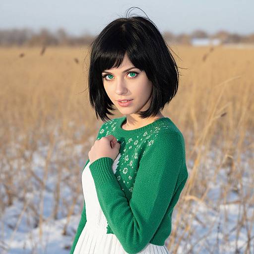 Photorealistic CGI of a young woman with green eyes, black bob haircut, wearing a green and white sweater, standing in a snowy field with golden