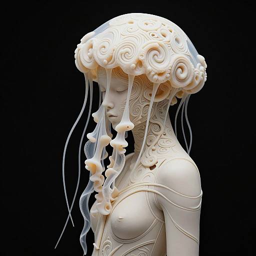 Photorealistic digital sculpture of a serene, pale-skinned woman with intricate, swirling patterns, and a translucent, jellyfish-like headpiece, set
