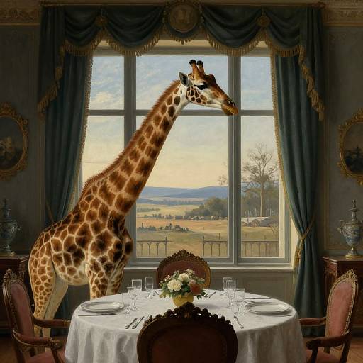 Photorealistic painting of a giraffe standing in an elegant, Victorian-style dining room with a round table, floral centerpiece, and large window showing a
