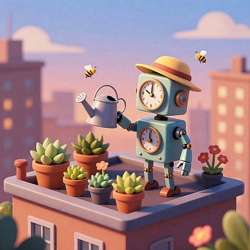 Whimsical Robot Tends Rooftop Garden