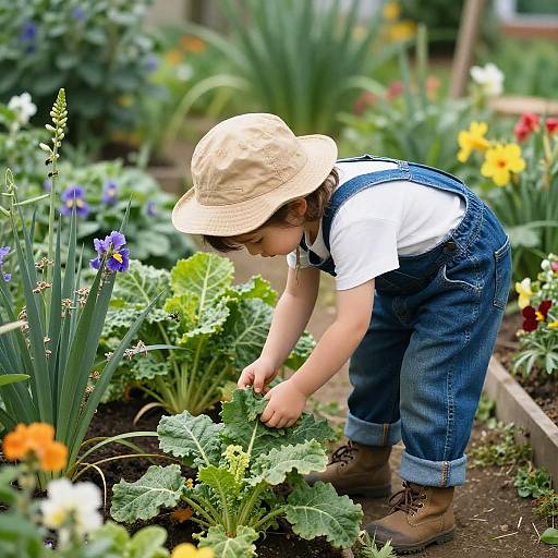 Photograph of a young child with curly brown hair, wearing a beige hat, white shirt, blue overalls, and brown boots, bending to touch