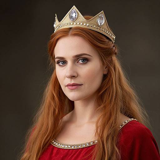 Photograph of a fair-skinned, red-haired woman with blue eyes, wearing a gold crown with gems, and a red velvet dress with gold trim