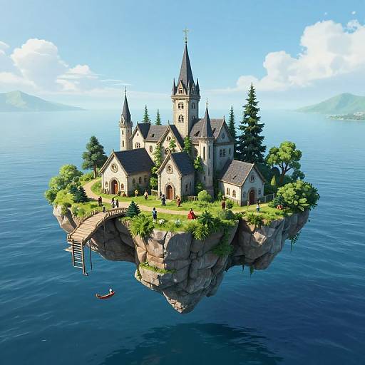 Digital artwork of a floating medieval island church with multiple spires, surrounded by lush greenery, connected by a wooden bridge, over a calm blue sea