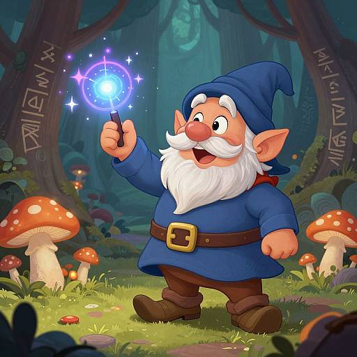 Cartoon elf with white beard and blue hat casts a glowing blue magic spell in a mystical forest with red mushrooms.