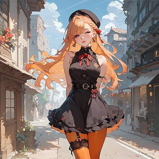 Digital anime-style drawing of a blonde woman with wavy hair, winking, wearing a black dress, beret, and thigh garter, walking